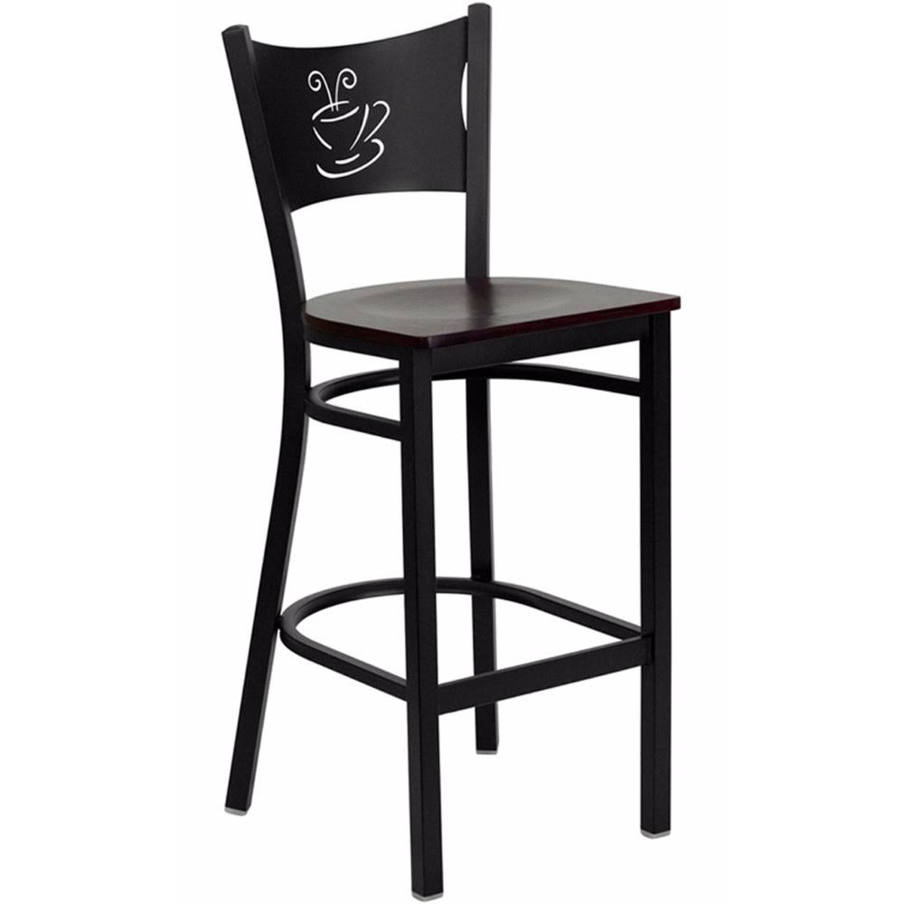 Black Metal Restaurant Bar Stool with Mahogany Wood Seat F623721