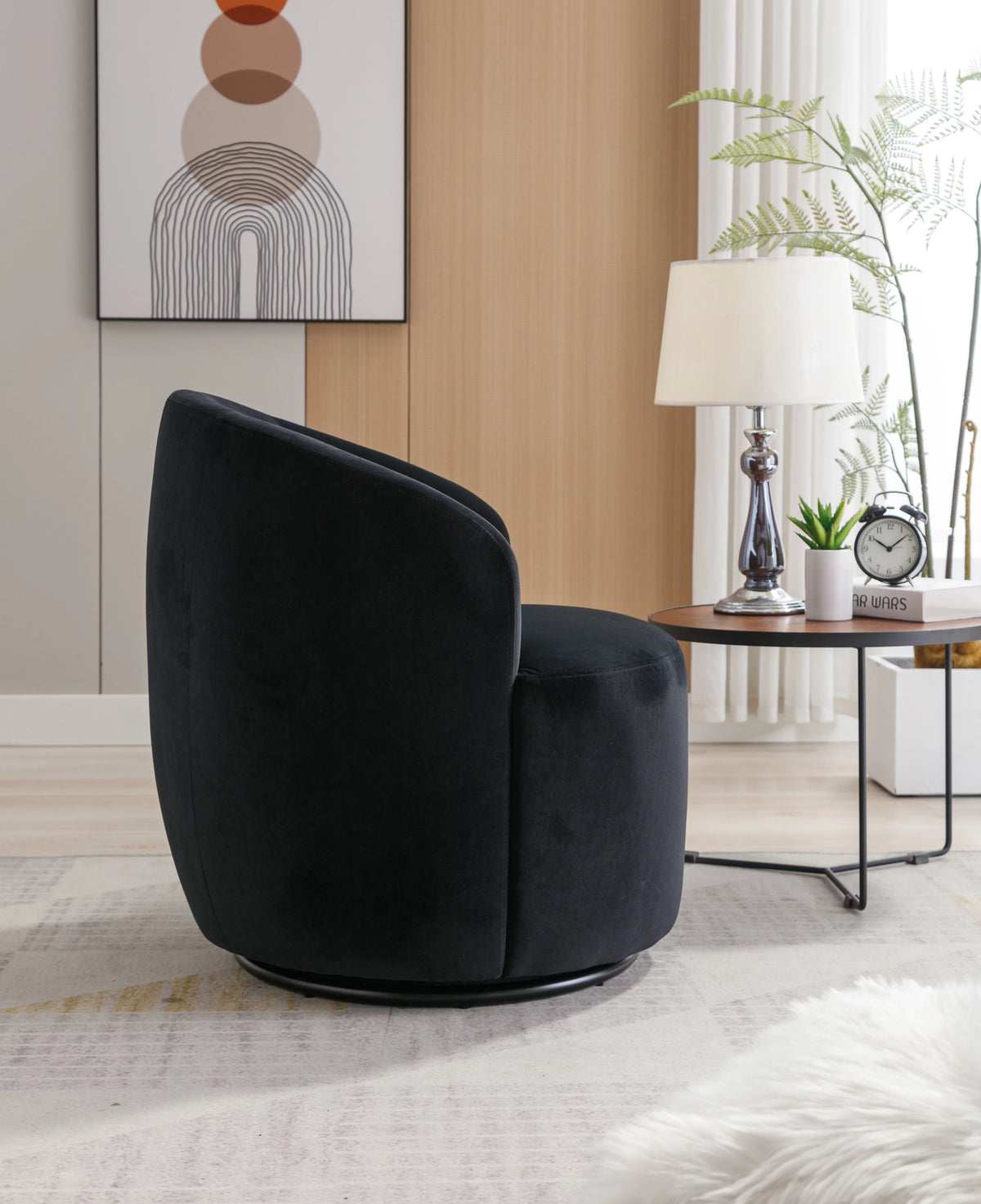 Velvet Fabric Swivel Accent Armchair with Black Metal Ring Z428448