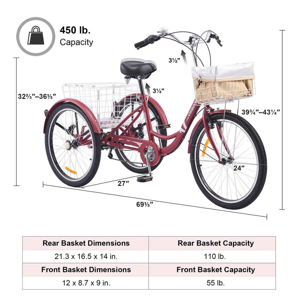 24 Inch 7 Speed Adult Trike with Adjustable Seat and 2 Baskets Matte Gray H96469