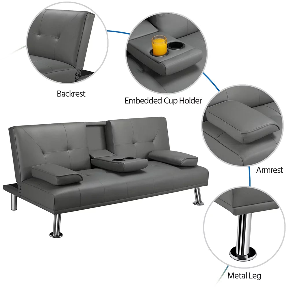 Black Faux Leather Futon with Cupholders and Pillows A7828