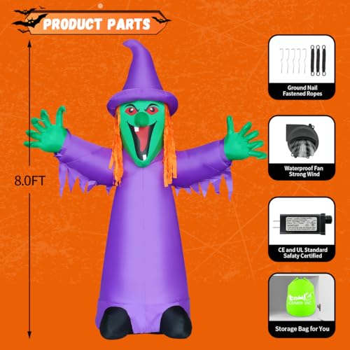 8 FT Halloween Inflatables Witch with Built-in LEDs N11413