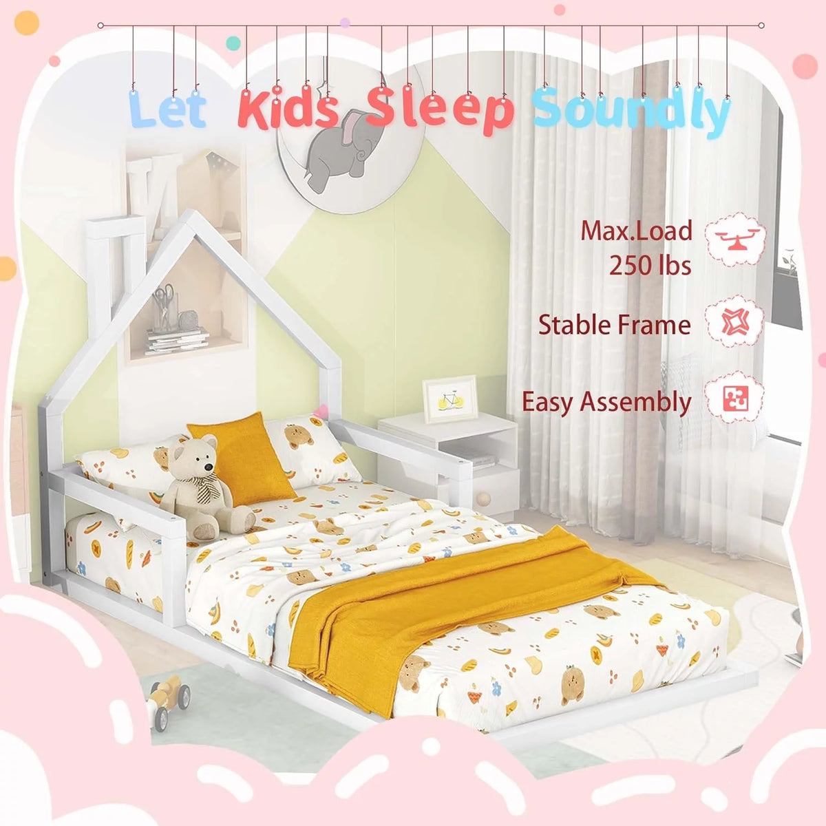 White Wood Floor Bed with House Shape Headboard and Railings I478