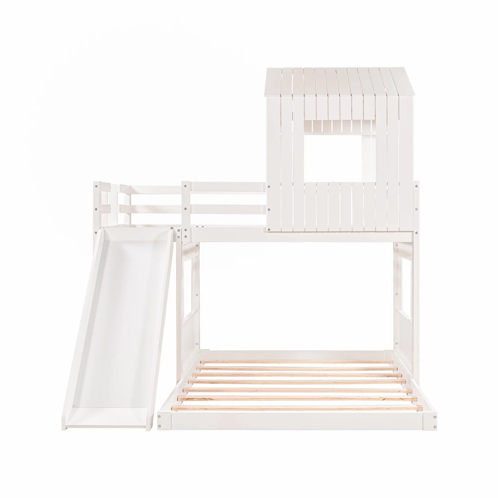 White Wooden Twin Over Full Bunk Bed with Ladder, Slide and Guardrails A6757