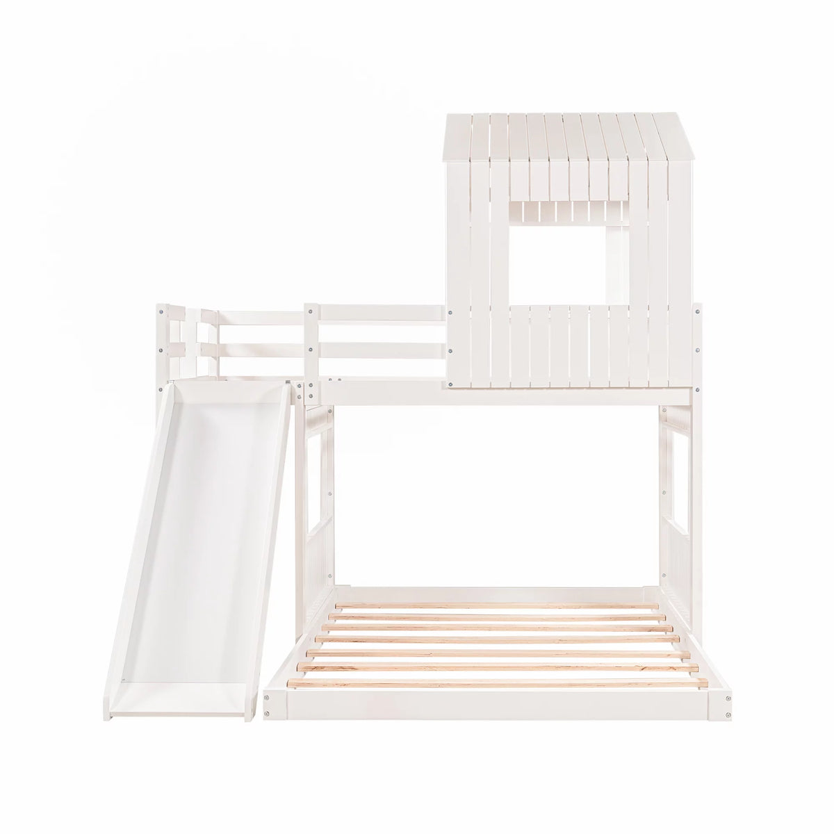 White Wooden Twin Over Full Bunk Bed with Ladder, Slide and Guardrails A6757