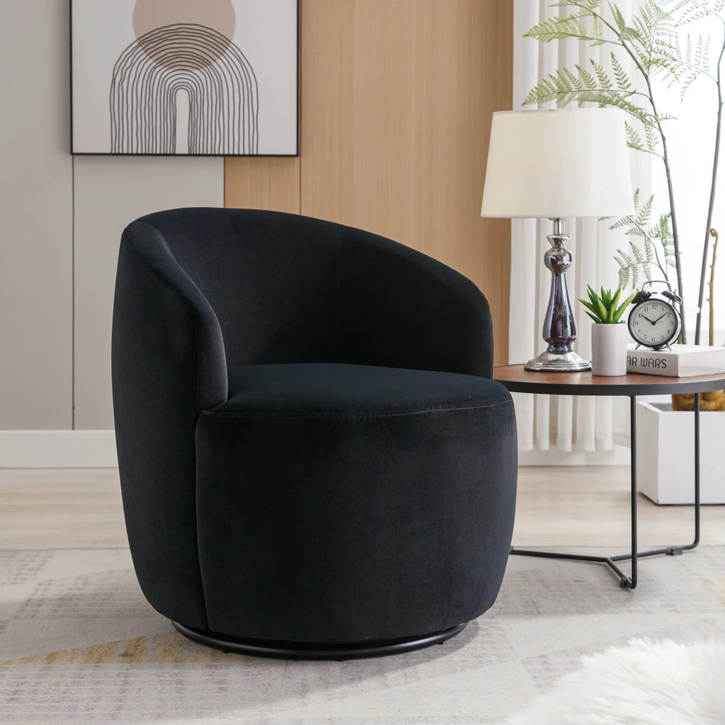 Velvet Fabric Swivel Accent Armchair with Black Metal Ring Z428448