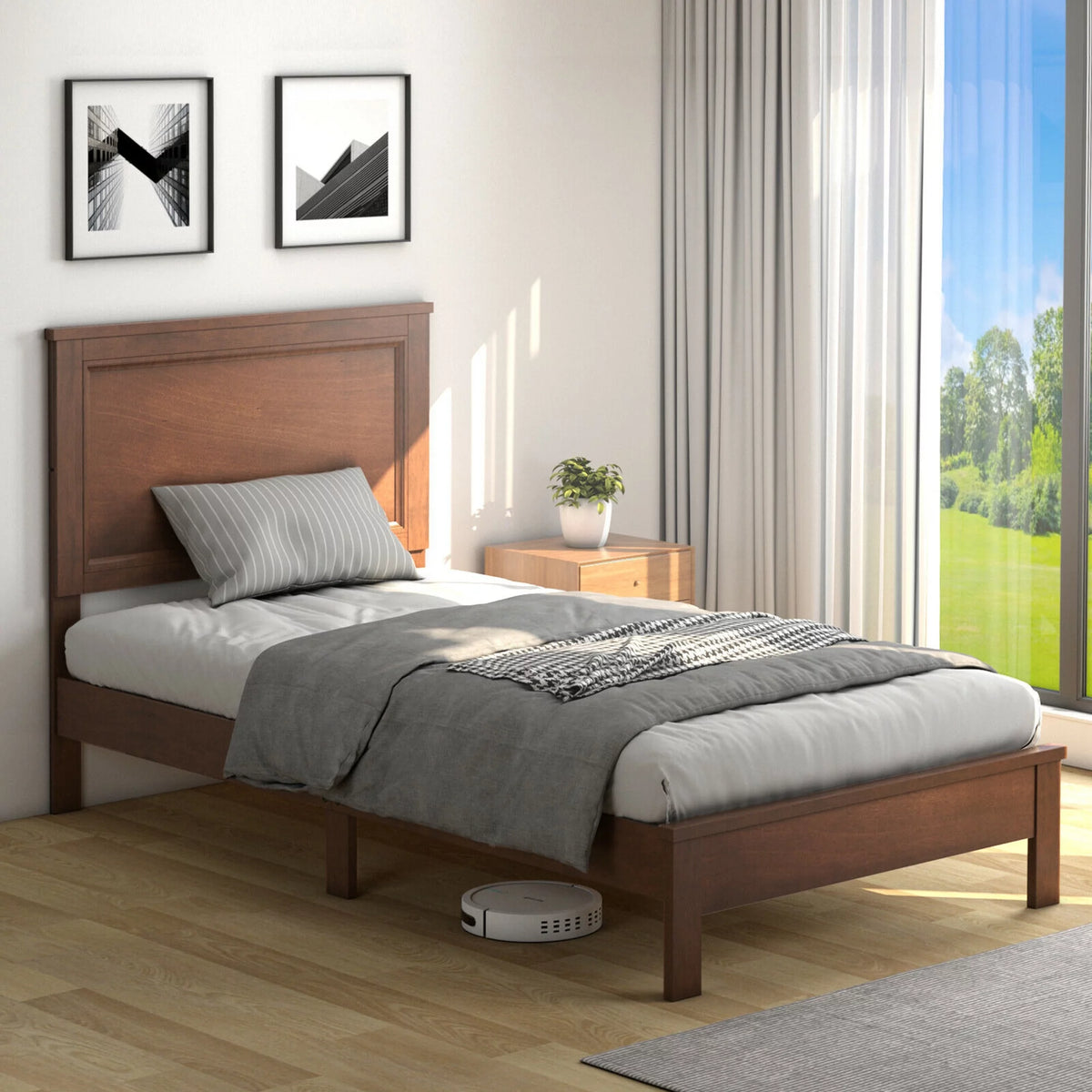 Twin Size Walnut Platform Bed Frame Q770