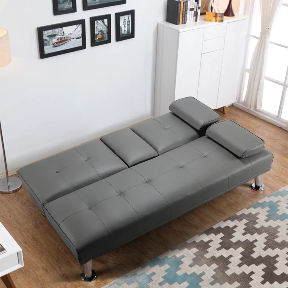 Black Faux Leather Futon with Cupholders and Pillows A7828