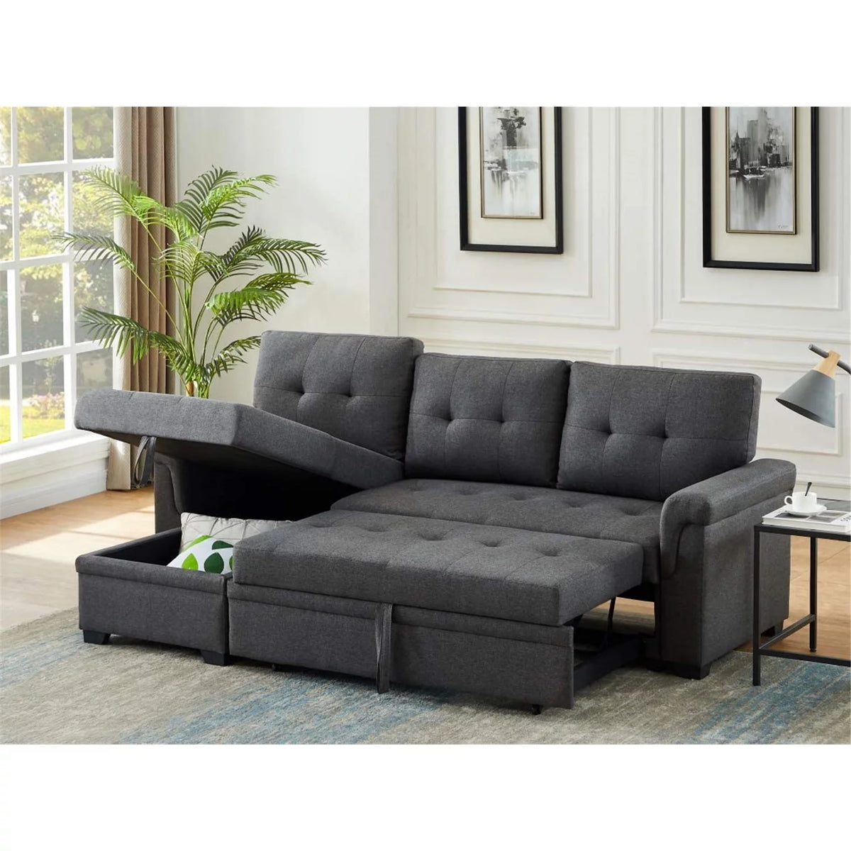 Dark Gray Linen Reversible Sleeper Sectional Sofa with Storage Chaise Q543327
