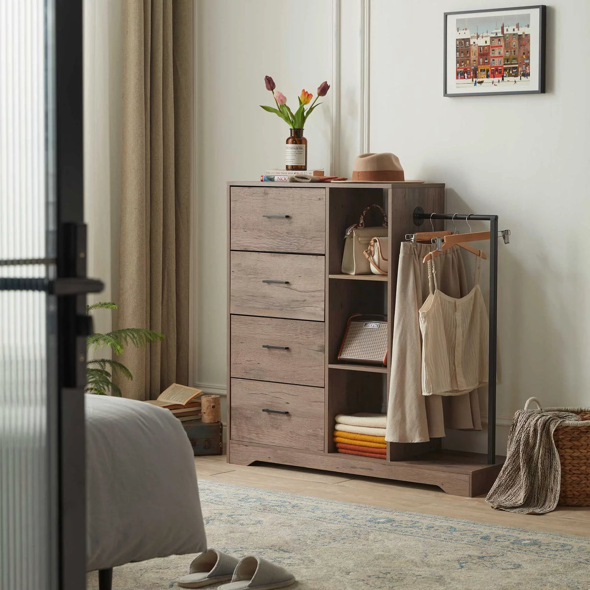 4 Drawer Dresser with Clothes Rack and Shelves I689675