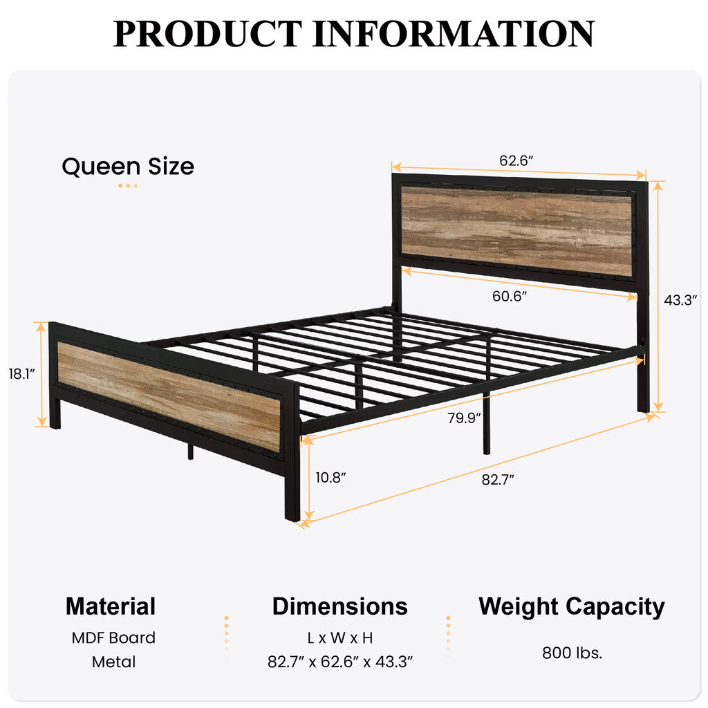 Queen Heavy Duty Metal Platform Bed Frame with Wood Headboard G731