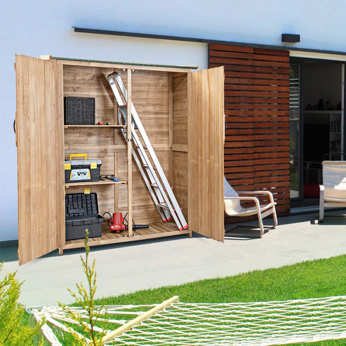 Outdoor Fir Wood Storage Shed with Lockable Doors V7006