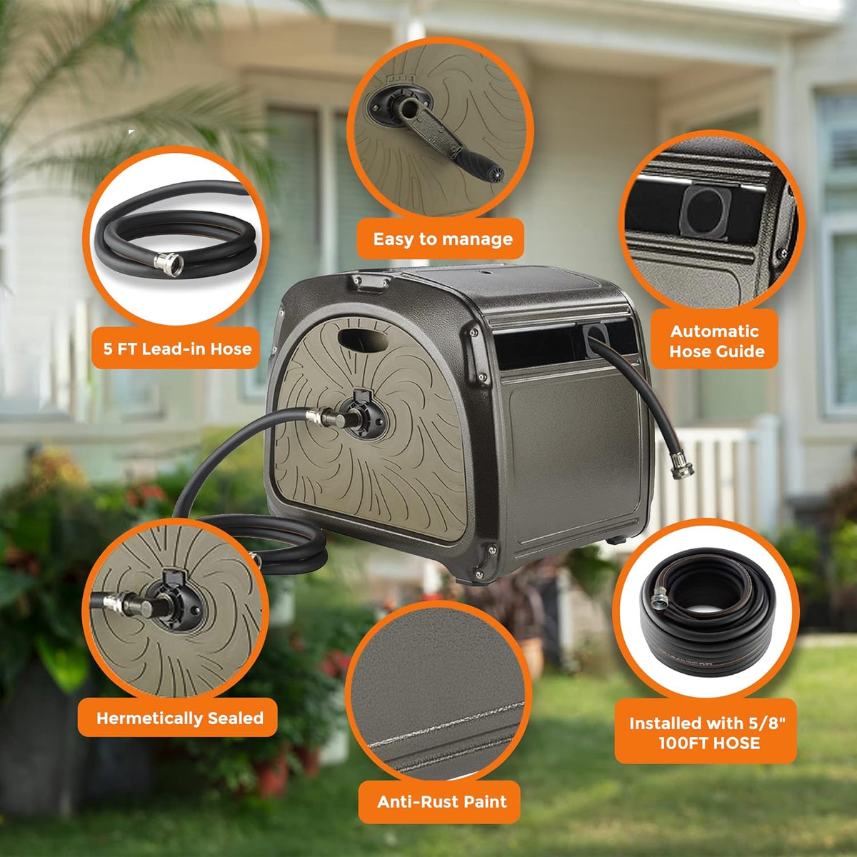 Metal Hose Reel Box with Crank Handle, 150ft Capacity Z743