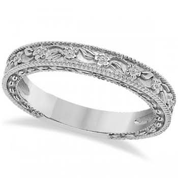 14K White Gold Carved Floral Wedding Band D403343