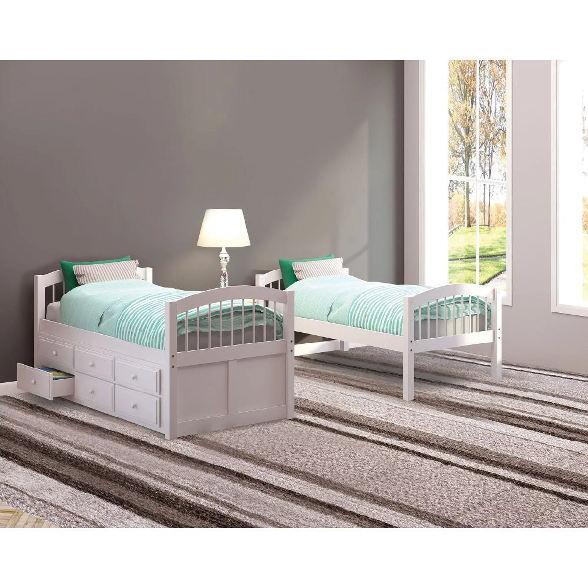White Twin over Twin Bunk Bed with Trundle and Storage Drawers U8633