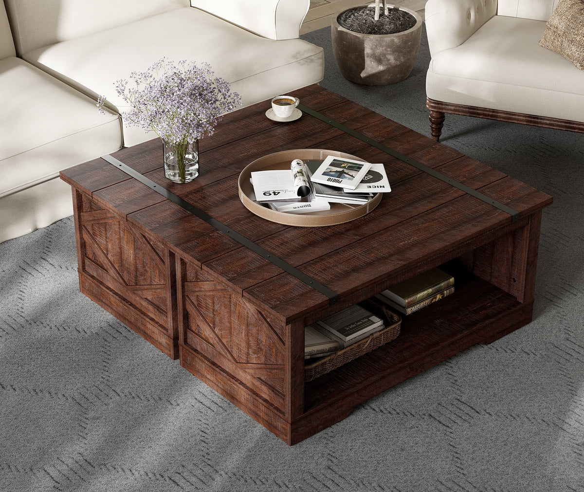 Rustic Brown Wood Coffee Table with Storage W54417