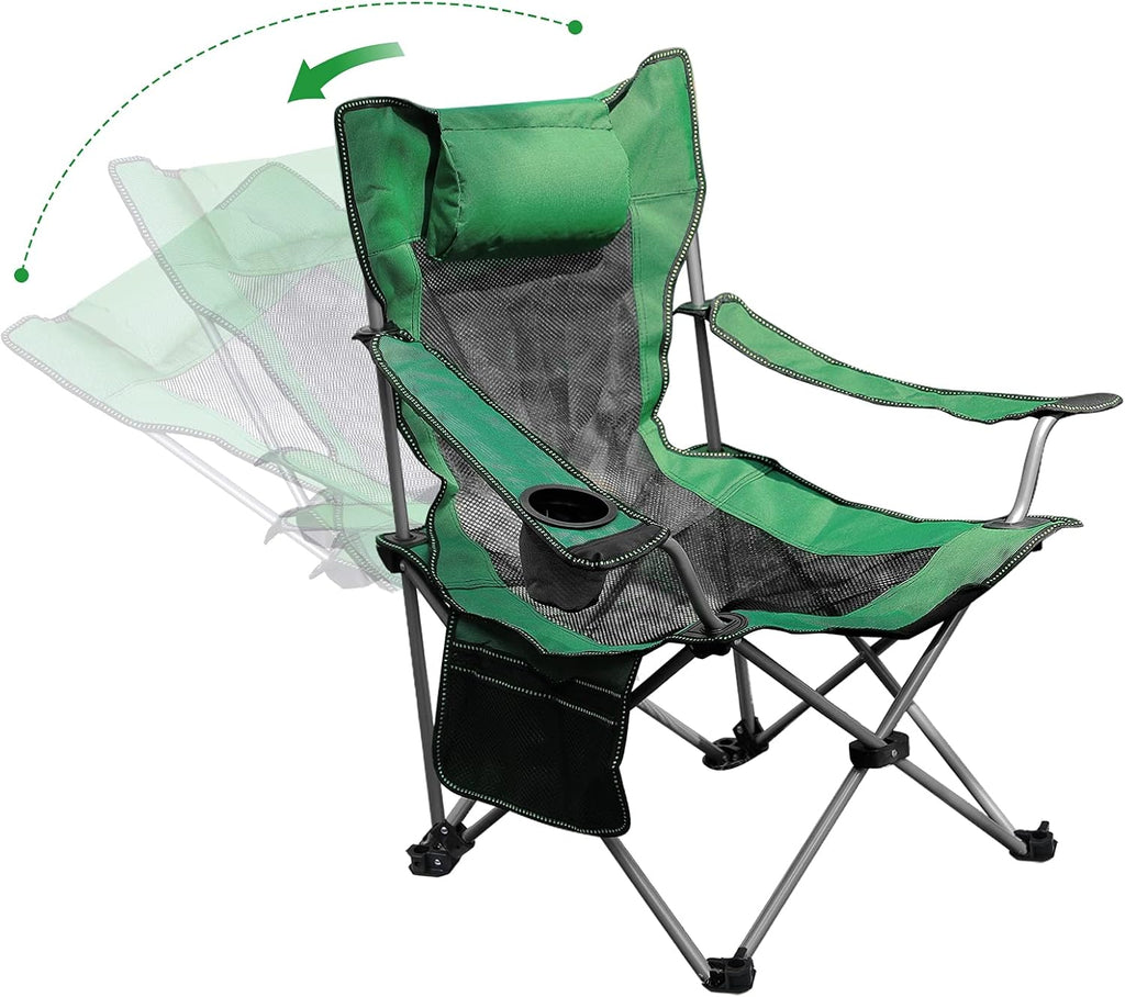 Green Folding Adjustable Recliner Camping Chair with Headrest Cup Holders Side Pocket K53016