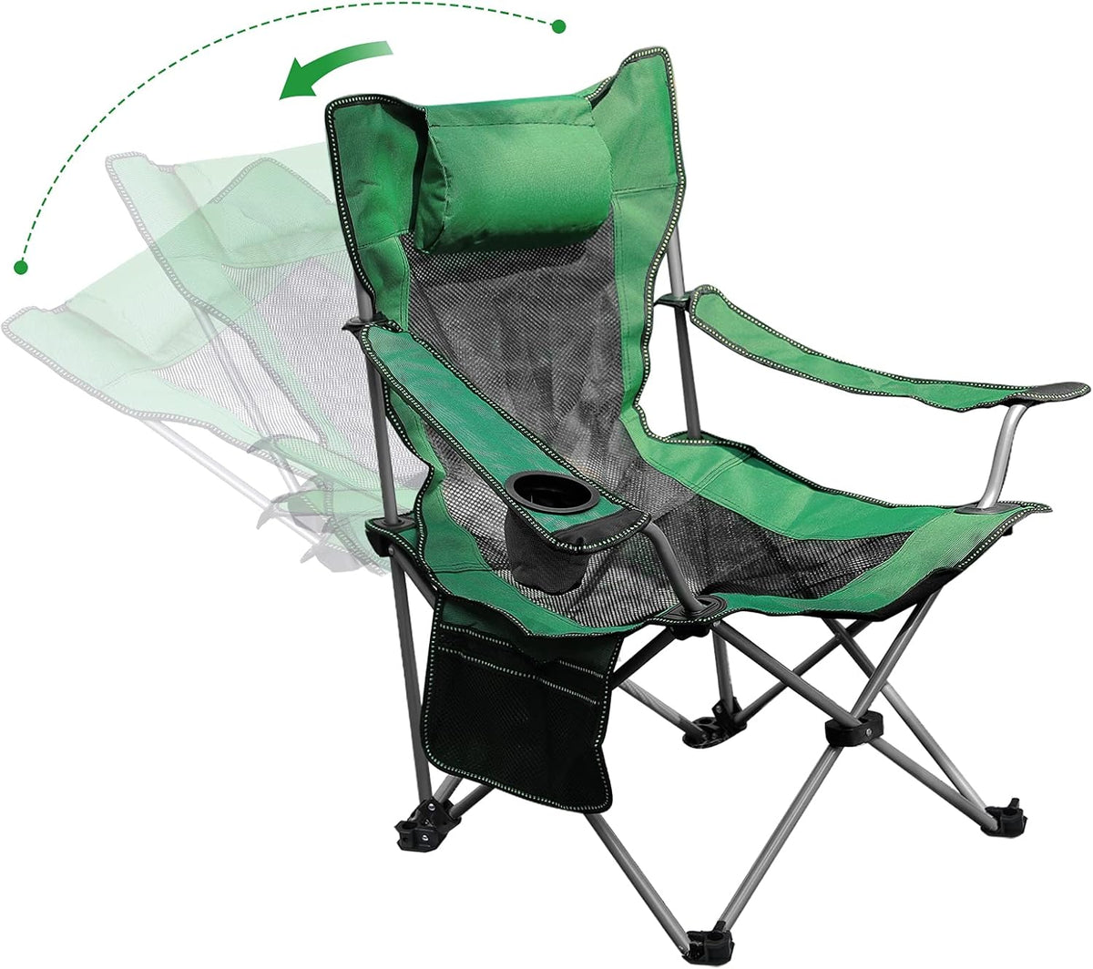 Green Folding Adjustable Recliner Camping Chair with Headrest Cup Holders Side Pocket K53016