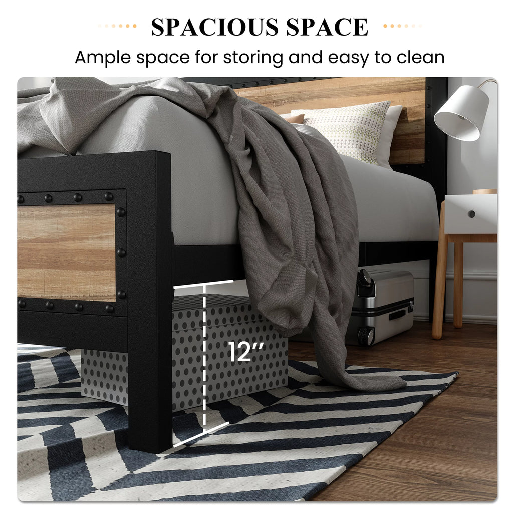 Queen Heavy Duty Metal Platform Bed Frame with Wood Headboard G731