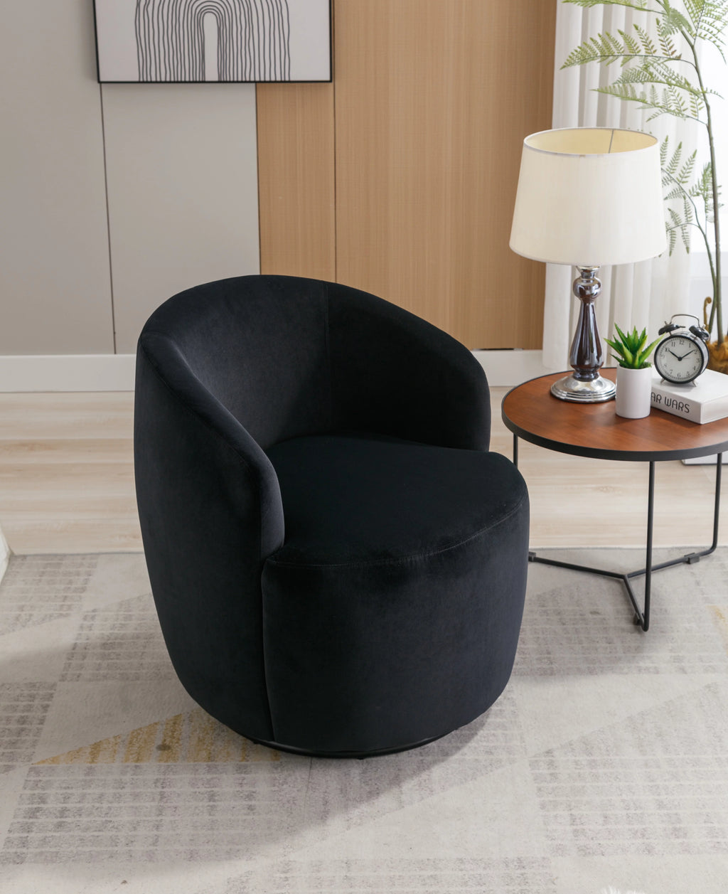 Velvet Fabric Swivel Accent Armchair with Black Metal Ring Z428448