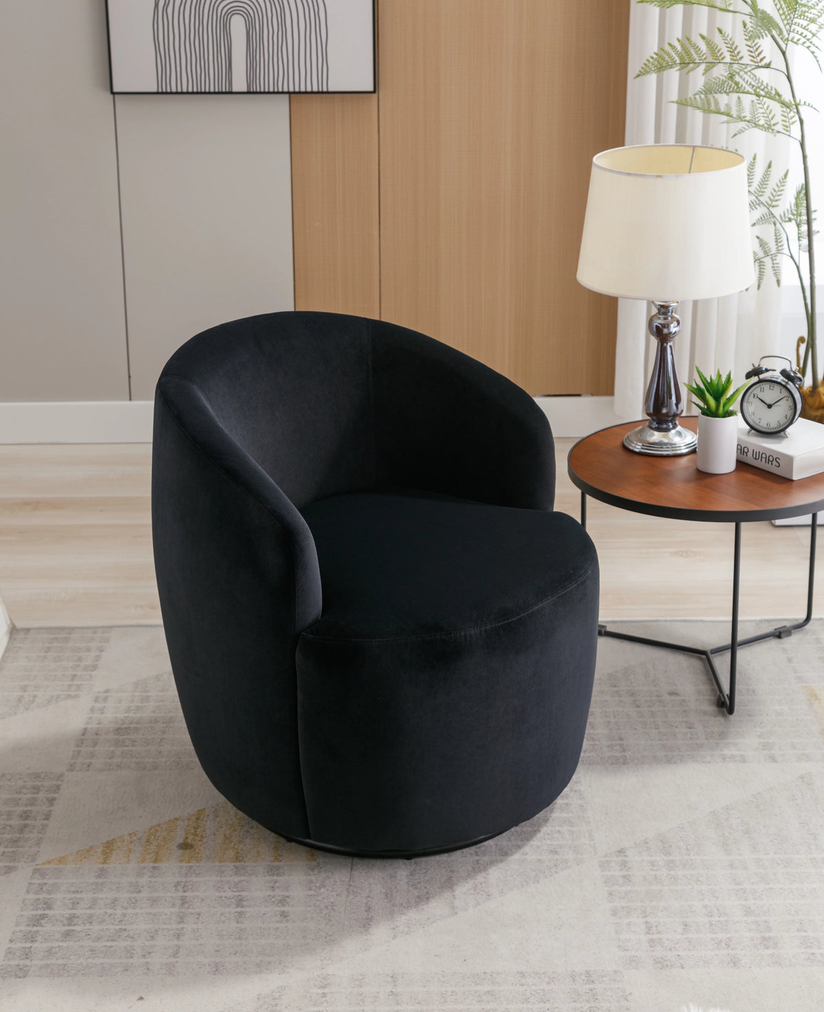 Velvet Fabric Swivel Accent Armchair with Black Metal Ring Z428448