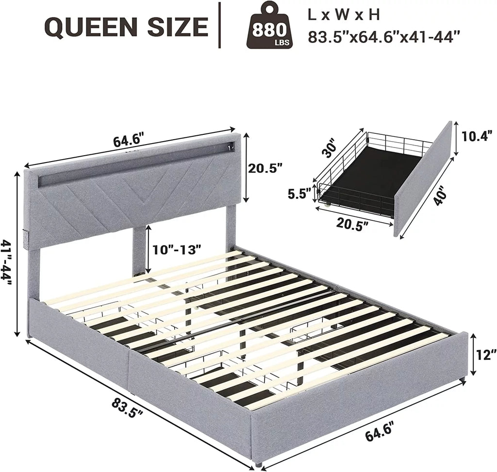 Queen Bed Frame with LED Lights Headboard, 4 Drawers, 2 USB Charging Station, Upholstered Platform Bed, Dark Gray L44639
