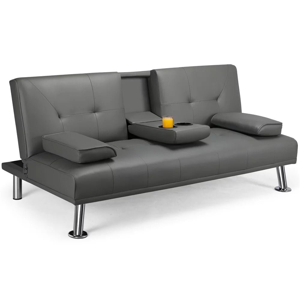 Black Faux Leather Futon with Cupholders and Pillows A7828