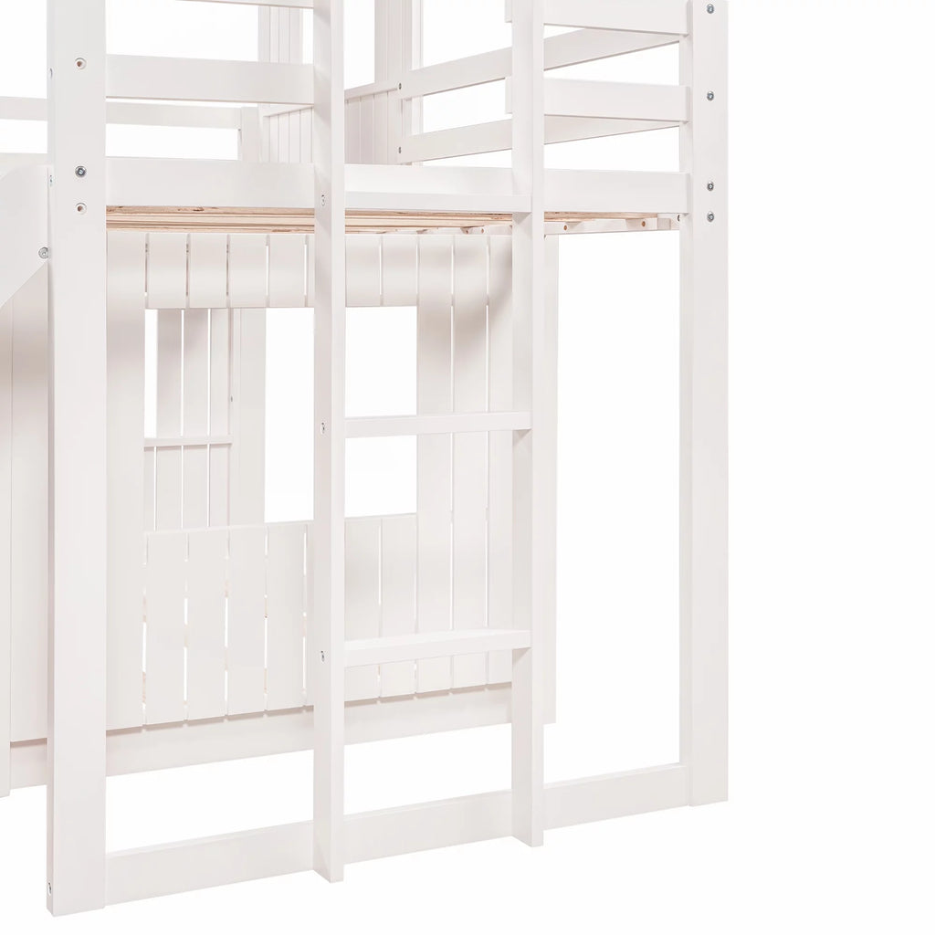 White Wooden Twin Over Full Bunk Bed with Ladder, Slide and Guardrails A6757