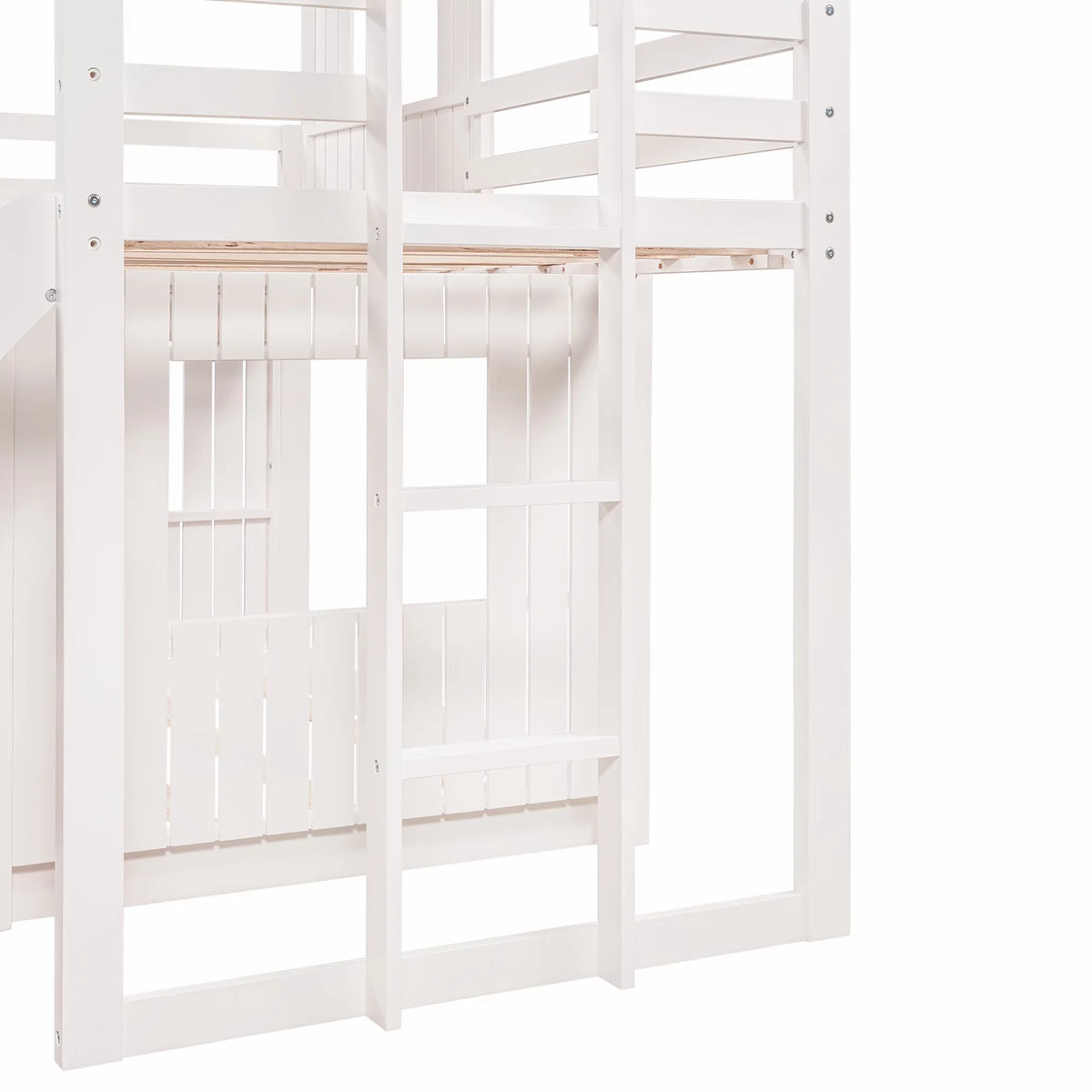 White Wooden Twin Over Full Bunk Bed with Ladder, Slide and Guardrails A6757