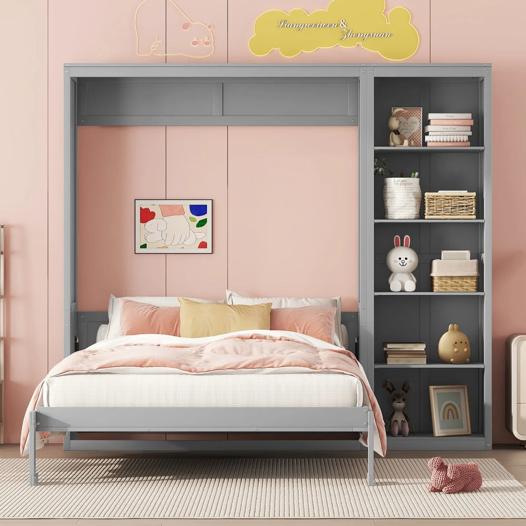 Full Size Gray Murphy Bed with Side Bookshelf Y38885