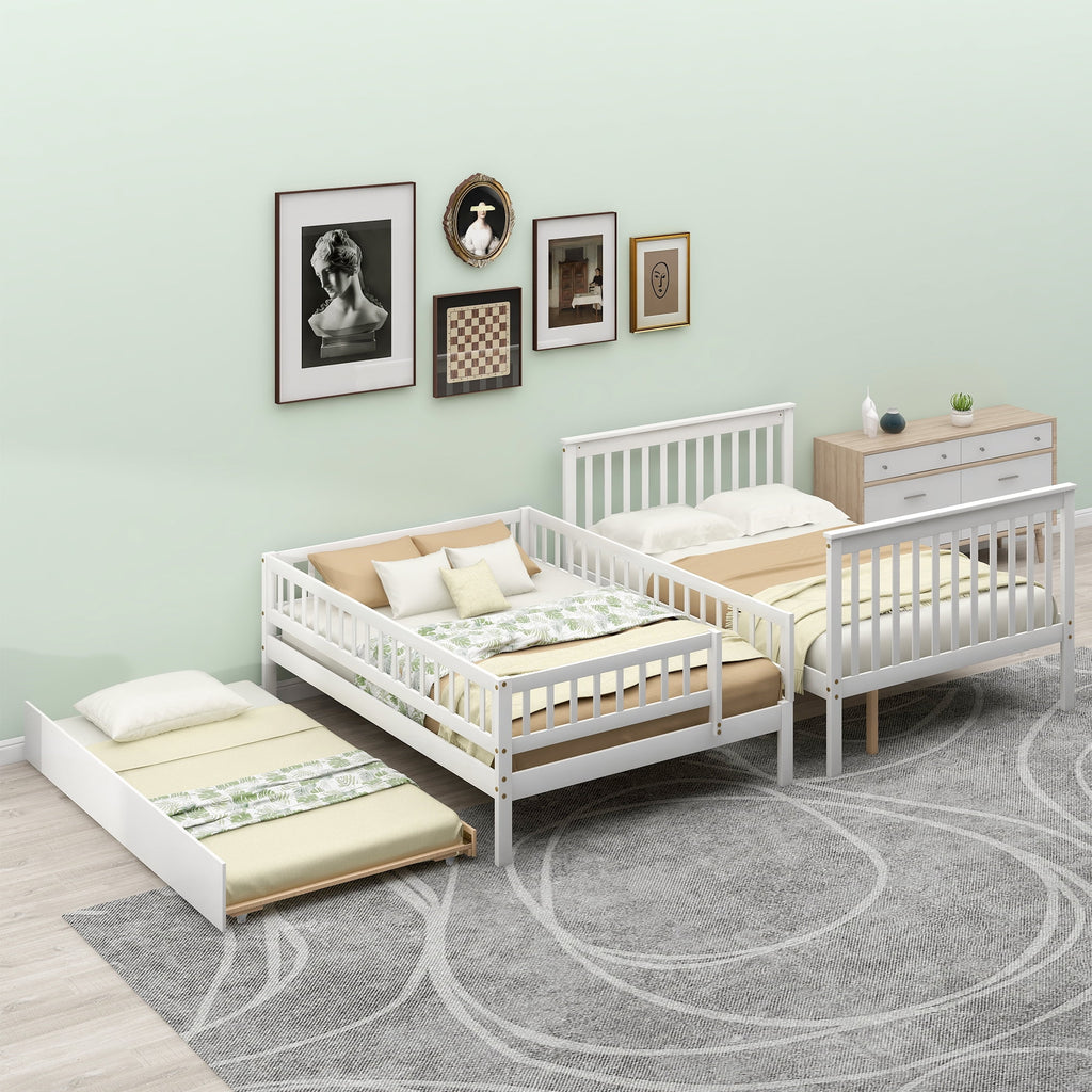 White Full over Full Bunk Bed with Trundle and Storage Shelves A2155