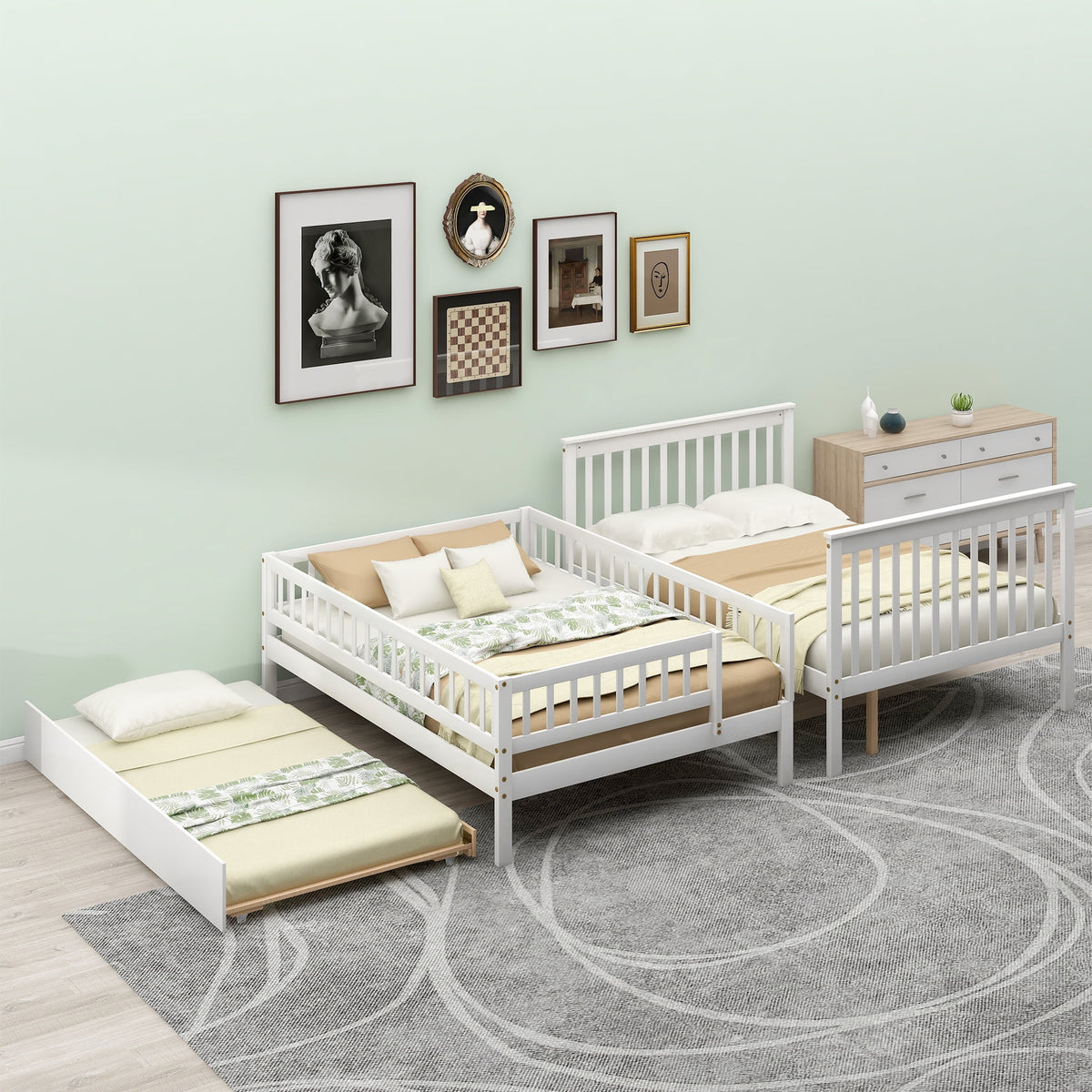 White Full over Full Bunk Bed with Trundle and Storage Shelves A2155