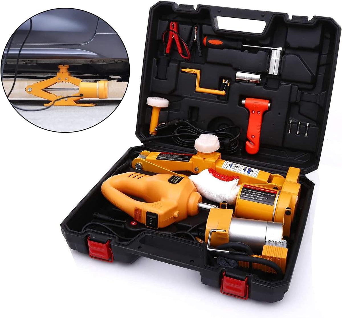 12V 3 Ton Electric Scissor Car Jack Kit with Impact Wrench and Tire Pump C58893