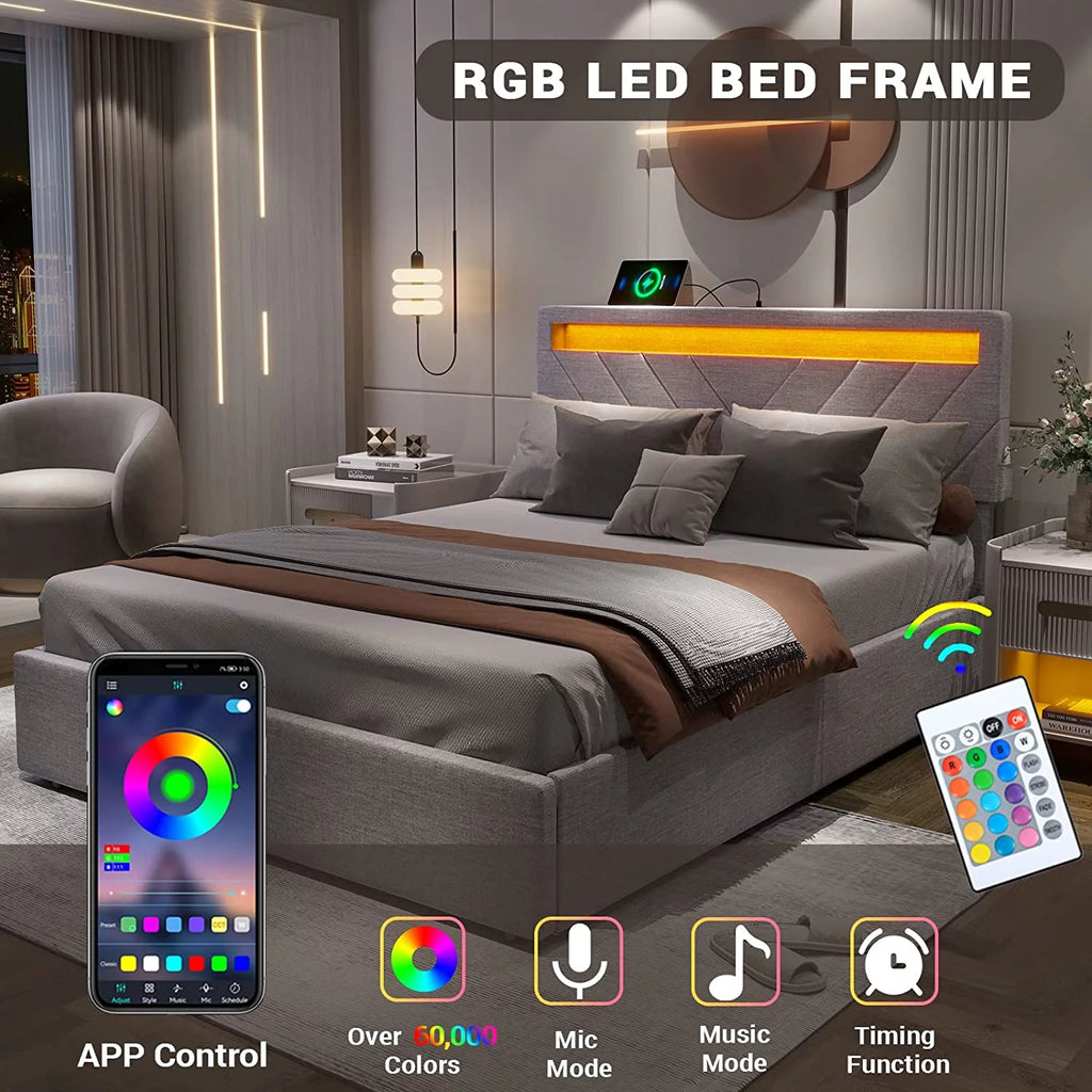 Queen Bed Frame with LED Lights Headboard, 4 Drawers, 2 USB Charging Station, Upholstered Platform Bed, Dark Gray L44639