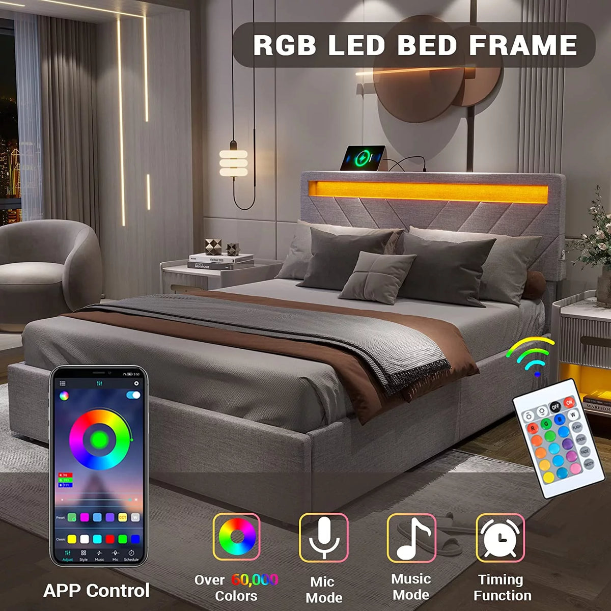 Queen Bed Frame with LED Lights Headboard, 4 Drawers, 2 USB Charging Station, Upholstered Platform Bed, Dark Gray L44639