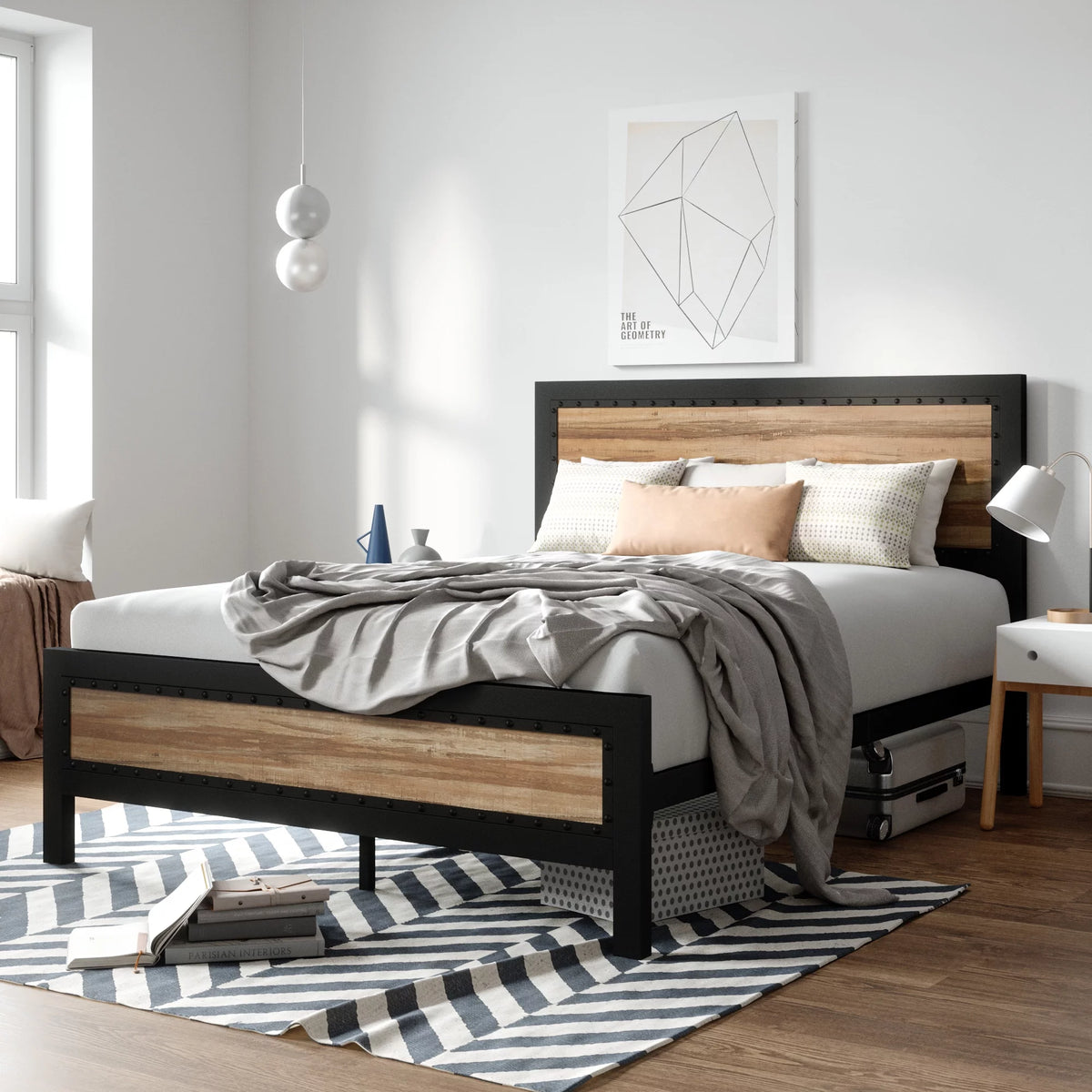 Queen Heavy Duty Metal Platform Bed Frame with Wood Headboard G731