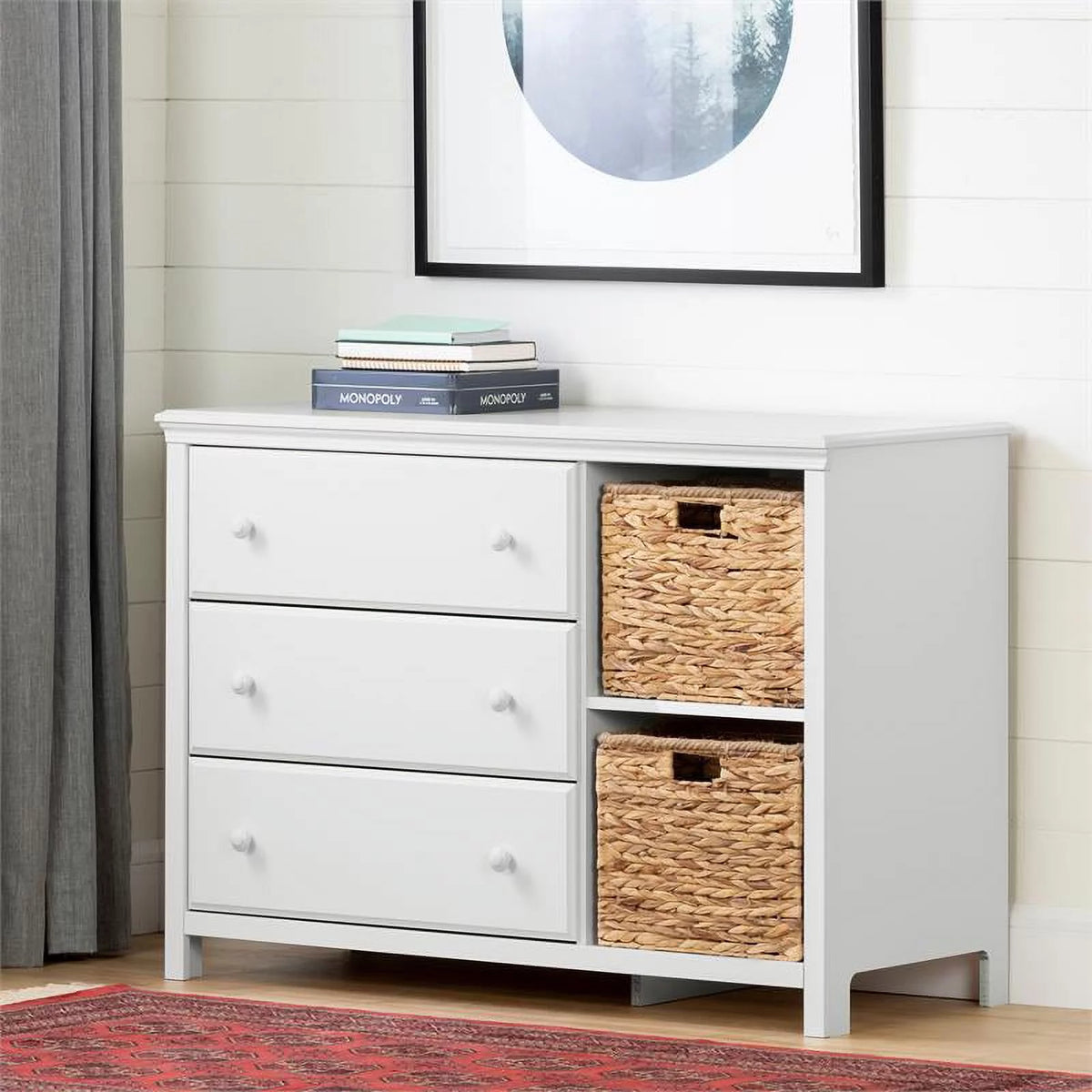 White 3 Drawer Wood Dresser with Basket J456