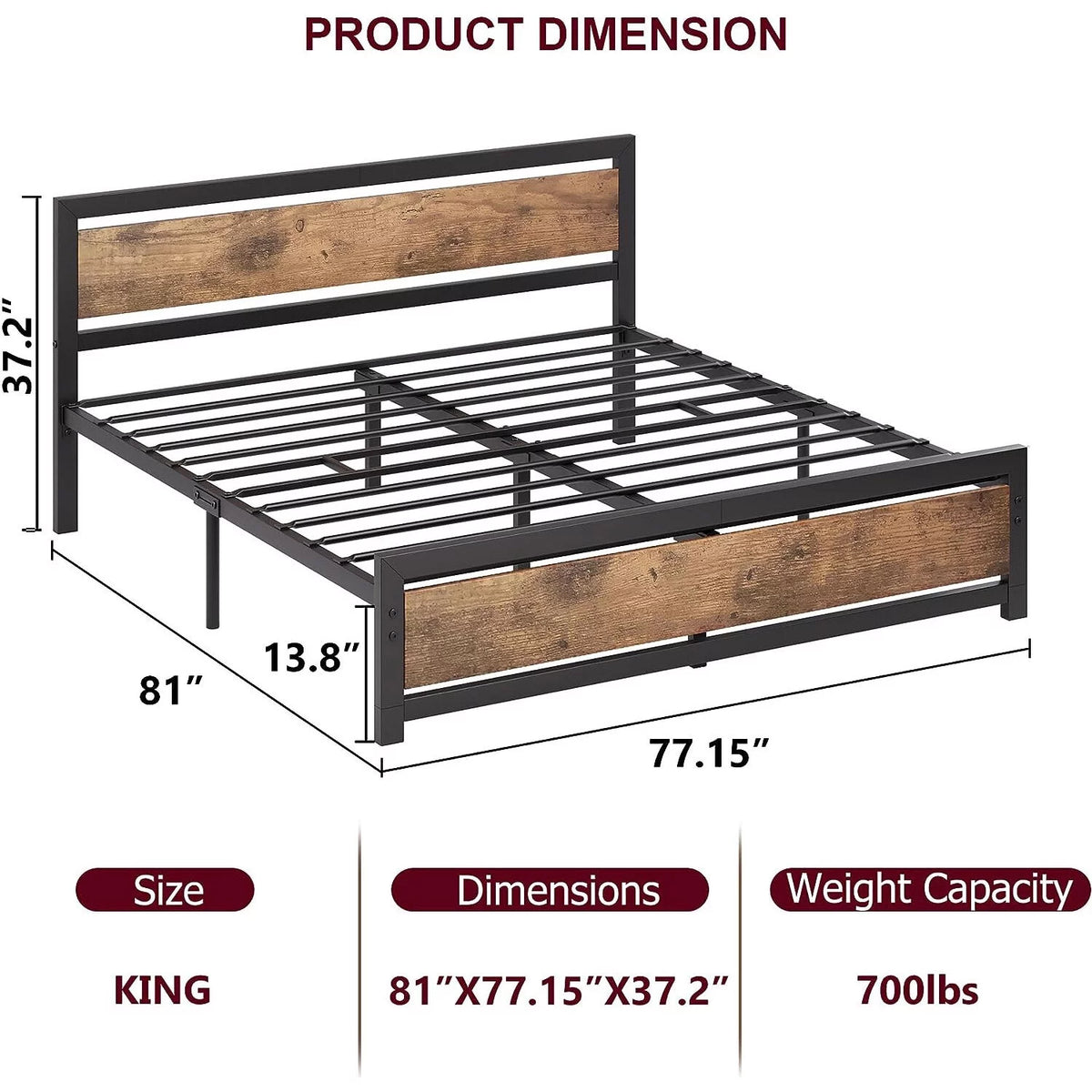 King Size Wooden Headboard Metal Bed Frame D957551