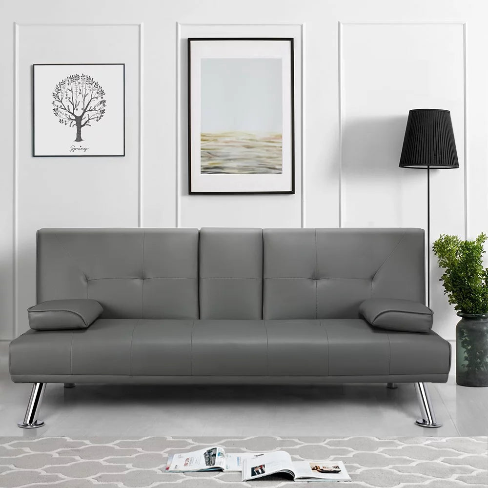 Black Faux Leather Futon with Cupholders and Pillows A7828