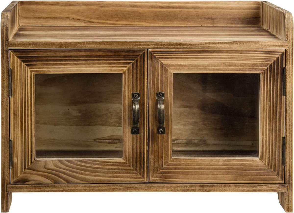 Dark Brown Wood Counter Top Storage Cabinet with Glass Windows A52683