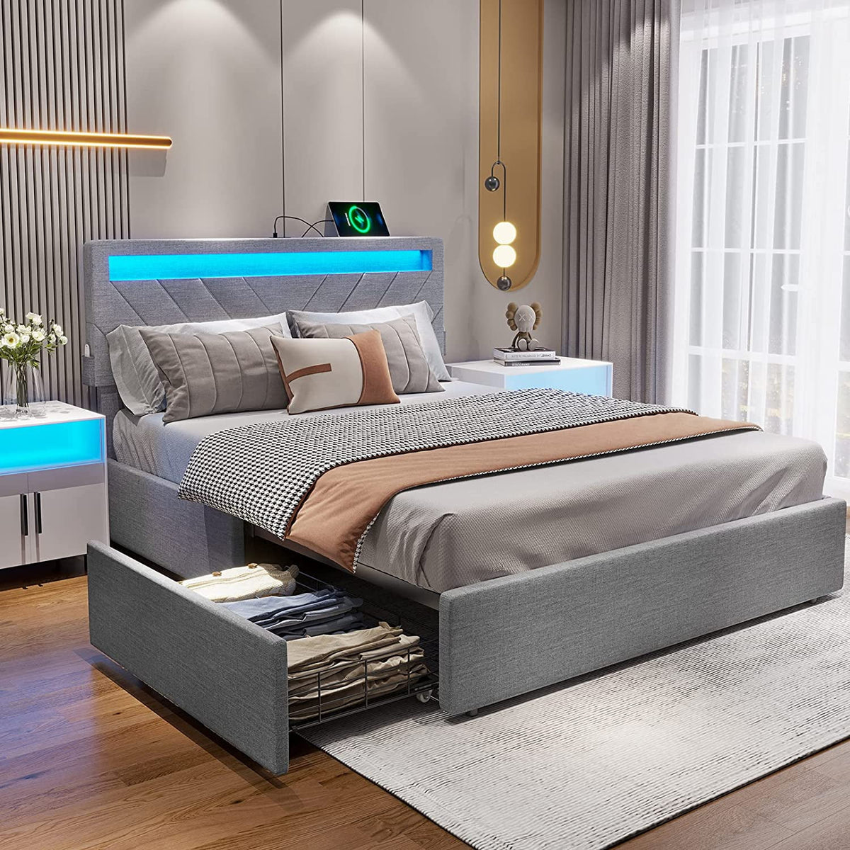 Queen Bed Frame with LED Lights Headboard, 4 Drawers, 2 USB Charging Station, Upholstered Platform Bed, Dark Gray L44639