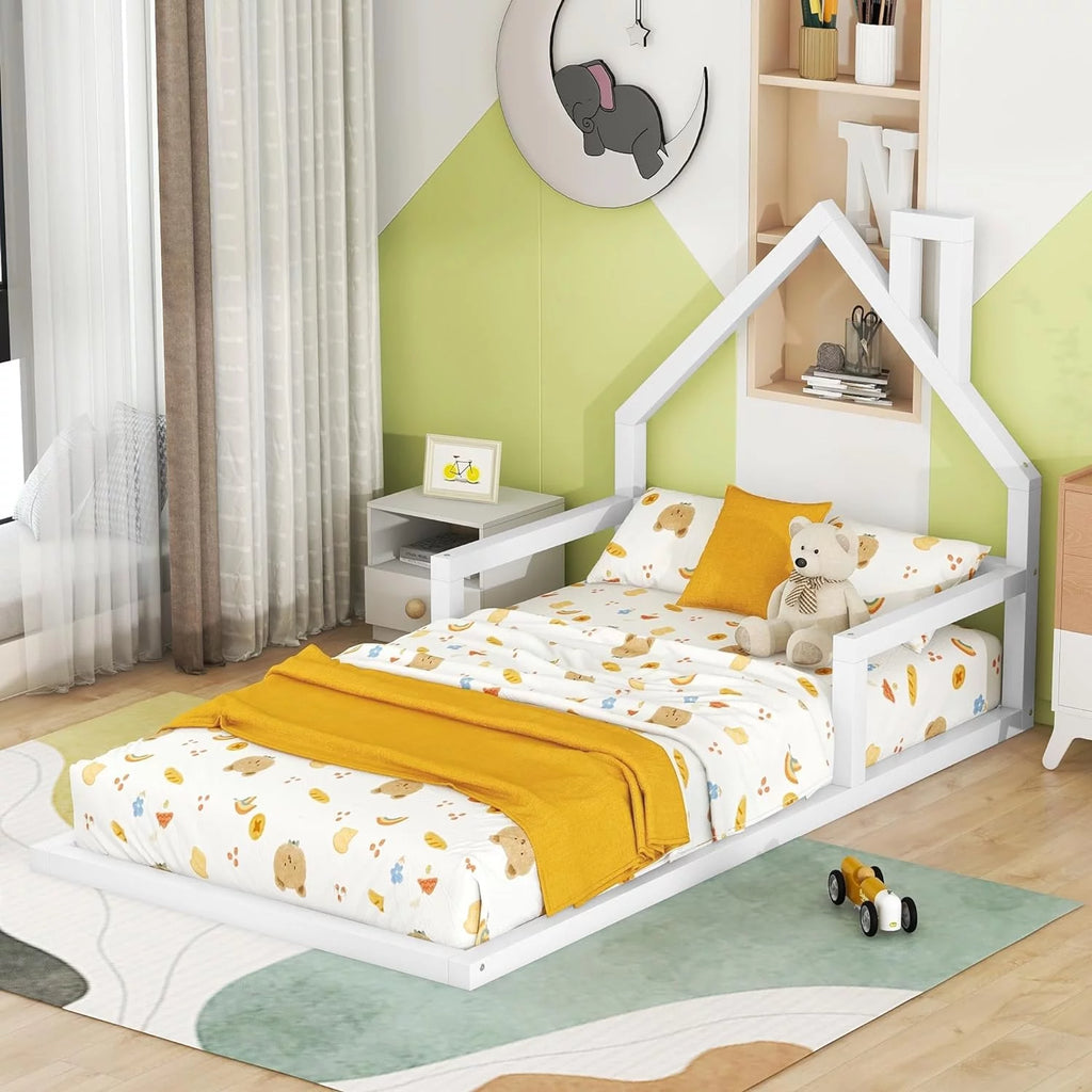 White Wood Floor Bed with House Shape Headboard and Railings I478