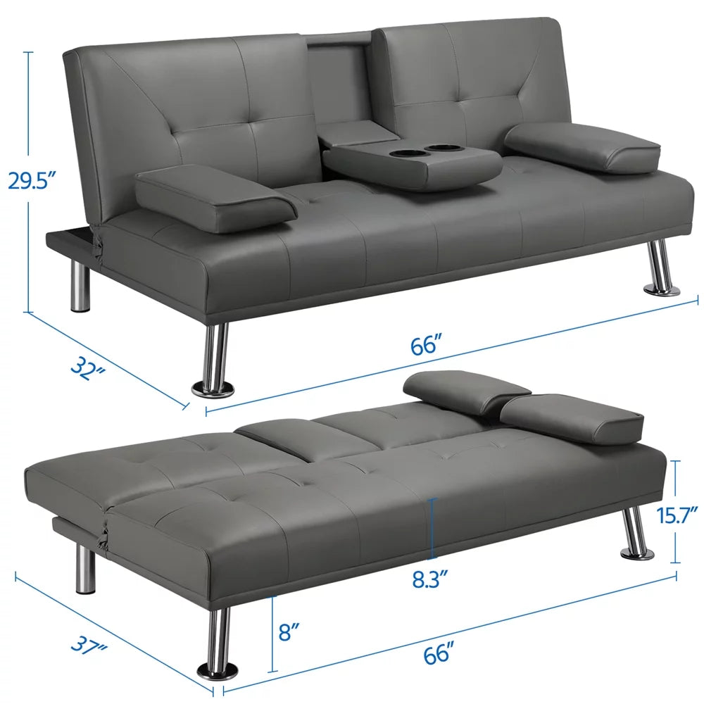 Black Faux Leather Futon with Cupholders and Pillows A7828