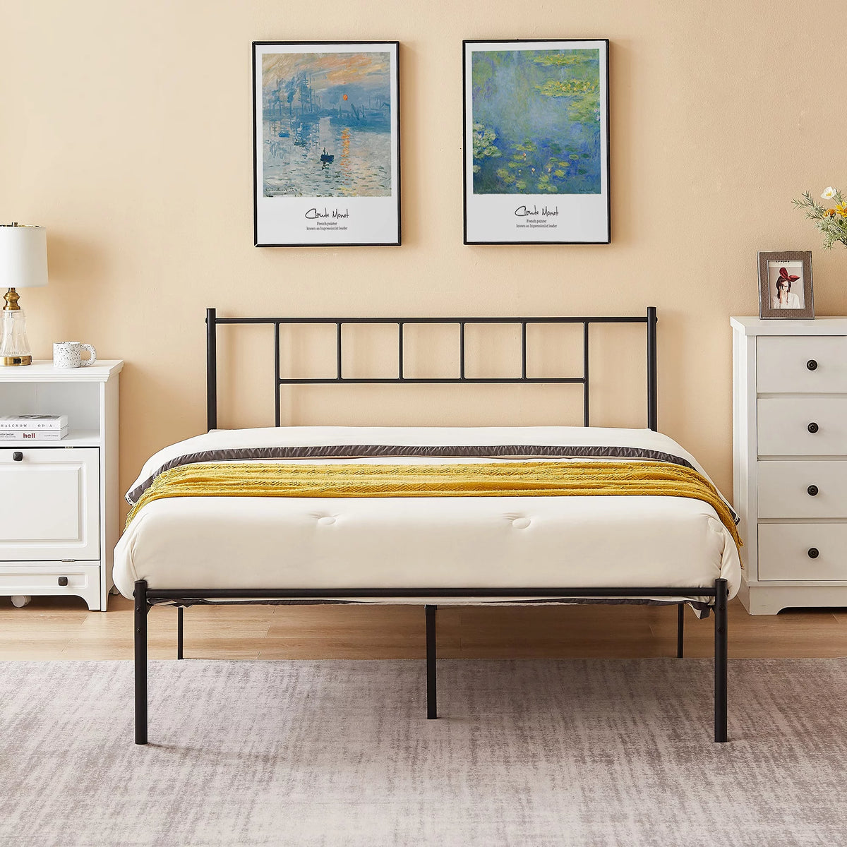 Full Size Black Metal Platform Bed Frame with Headboard H646