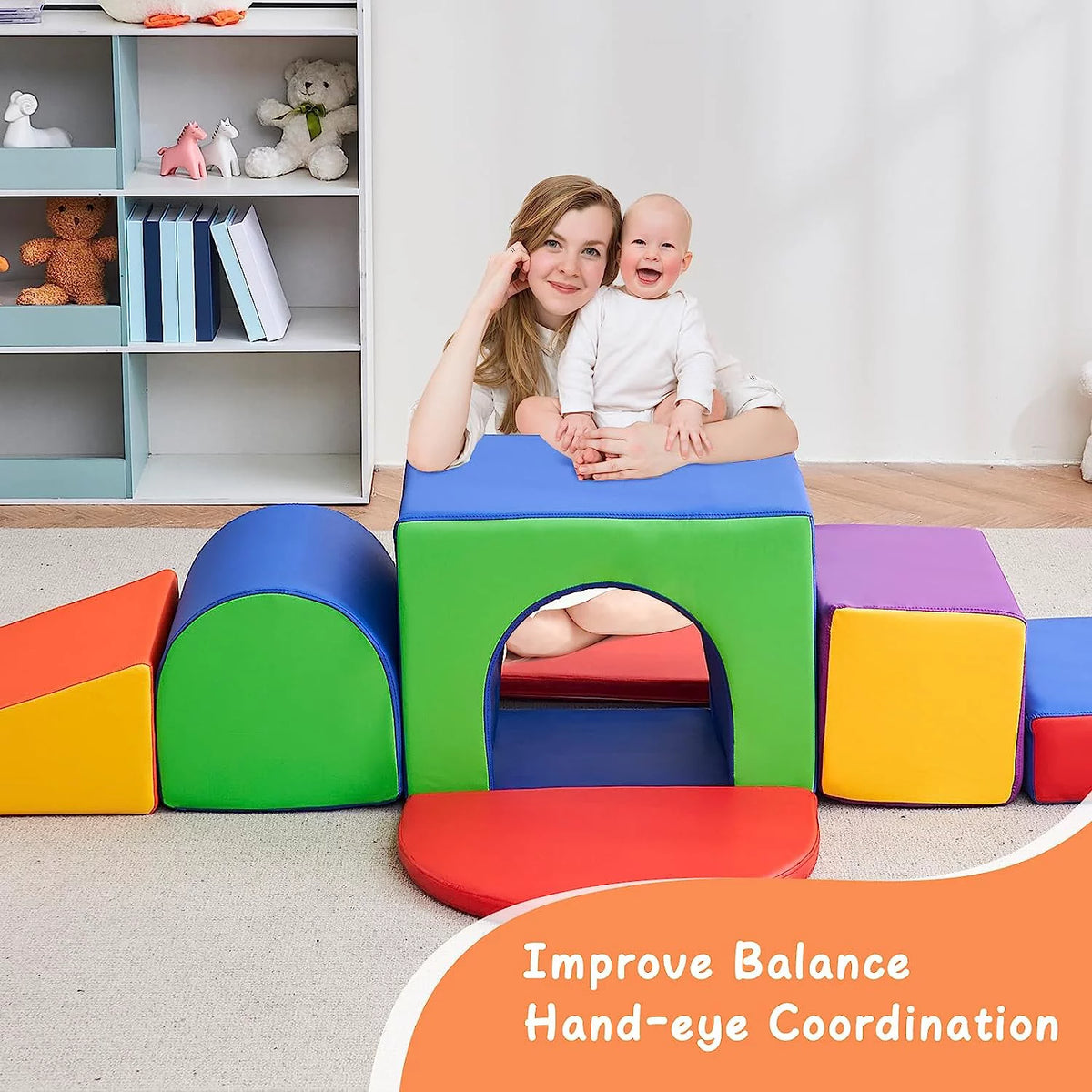 Foam Climbing Blocks for Toddlers, 7Pcs with Tunnel Y1984