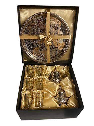 Moroccan Tea Serving Set with Teapot 6 Glasses & Sugar Jar Silver Tray C40466