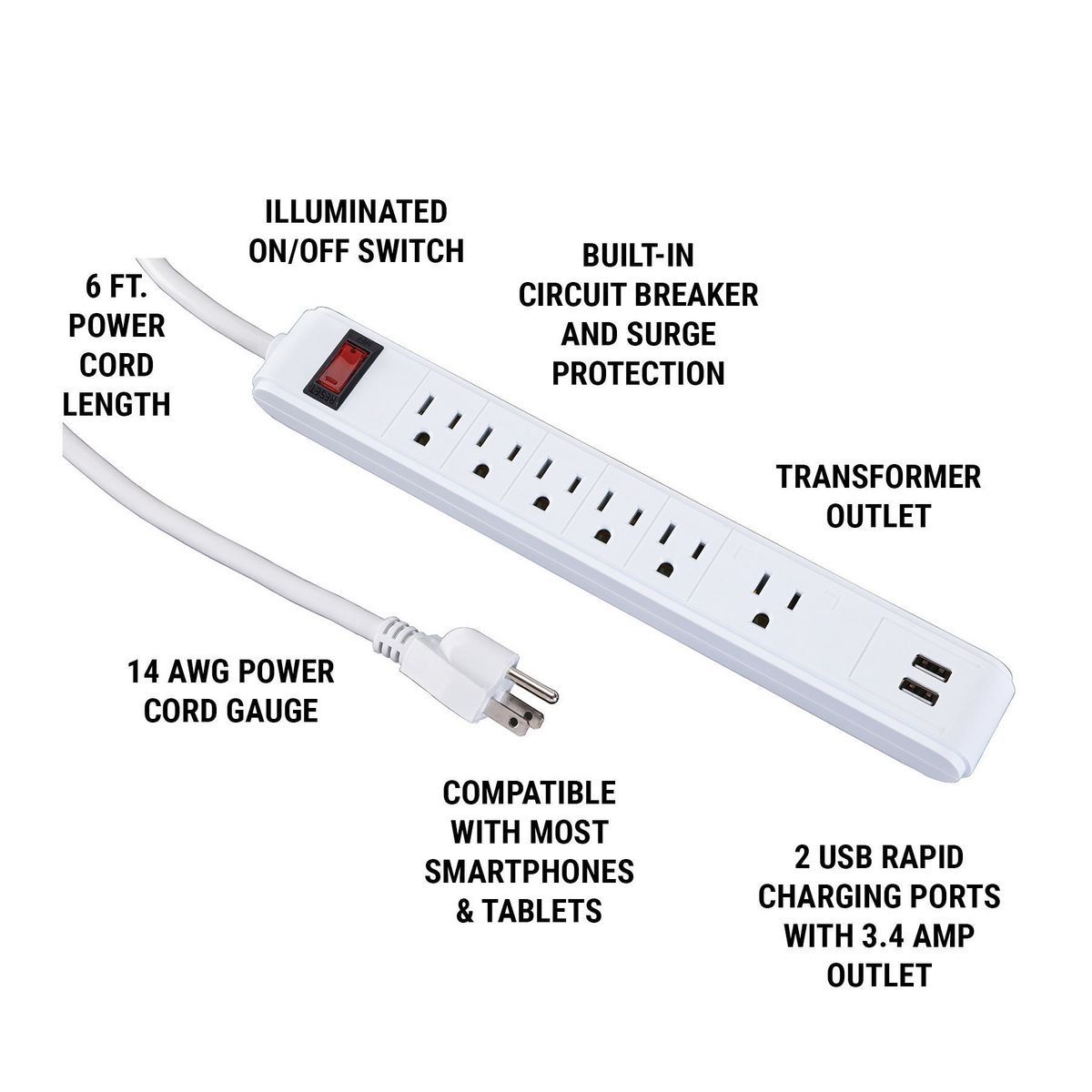 6-Outlet 2 USB Power Strip S217122