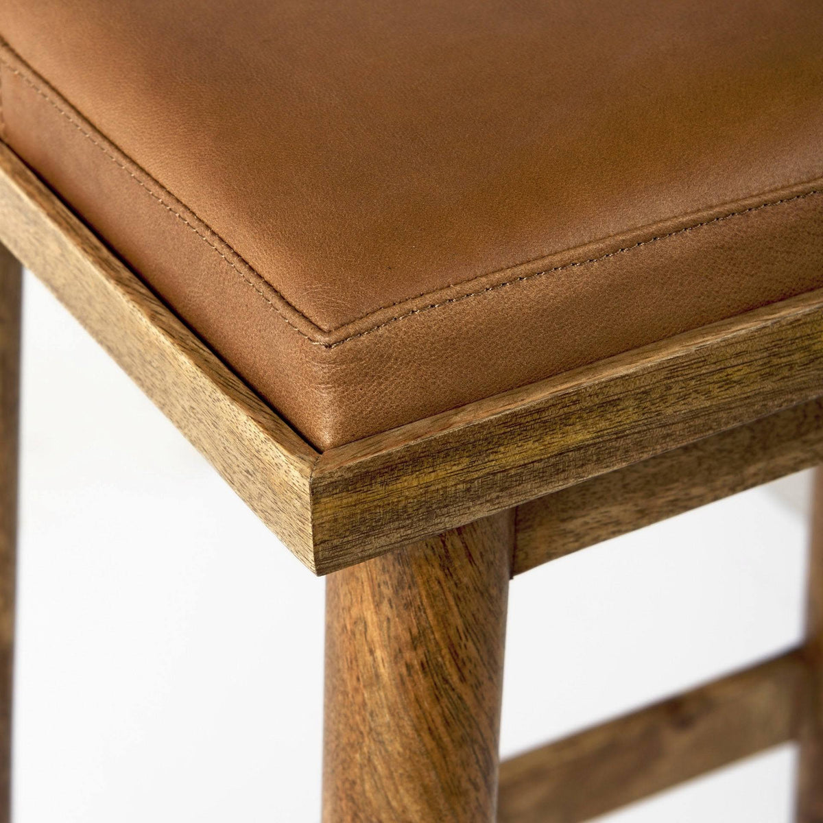 Cognac Brown Leather Medium Brown Wood Bar Stool A19415
