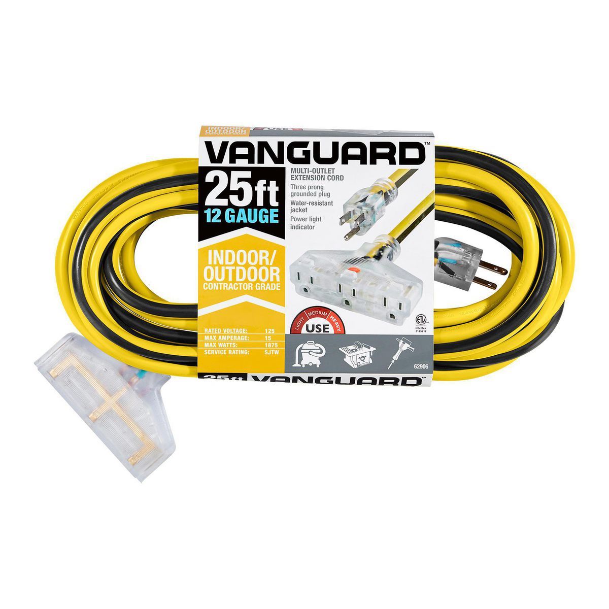 25 ft. 12/3 Gauge Multiple Outlet Extension Cord with Indicator Light, Yellow, Black M268691