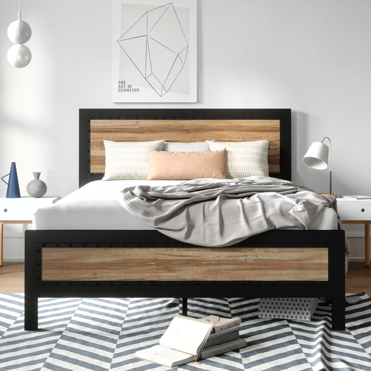 Queen Heavy Duty Metal Platform Bed Frame with Wood Headboard G731