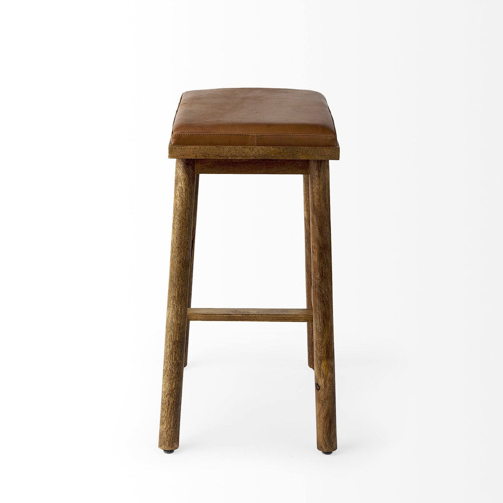 Cognac Brown Leather Medium Brown Wood Bar Stool A19415